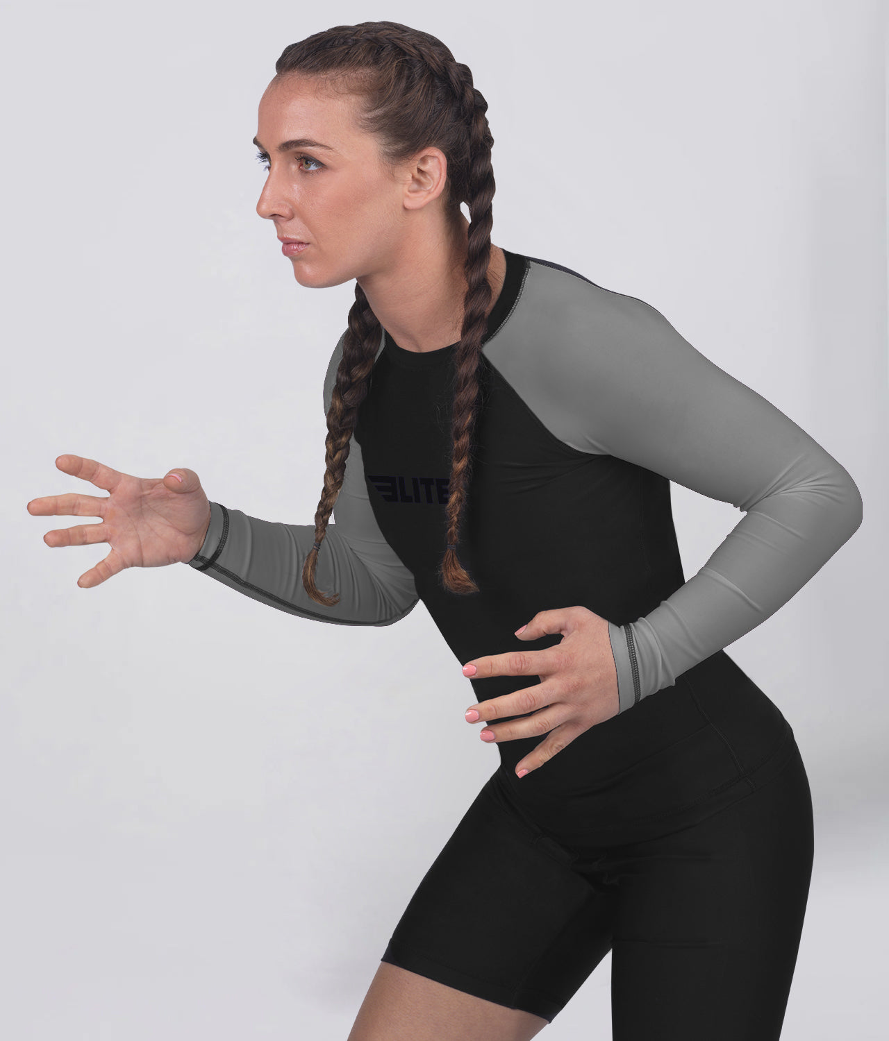 Elite Sports Women's Standard Gray Long Sleeve Jiu Jitsu BJJ Rash Guard Action View