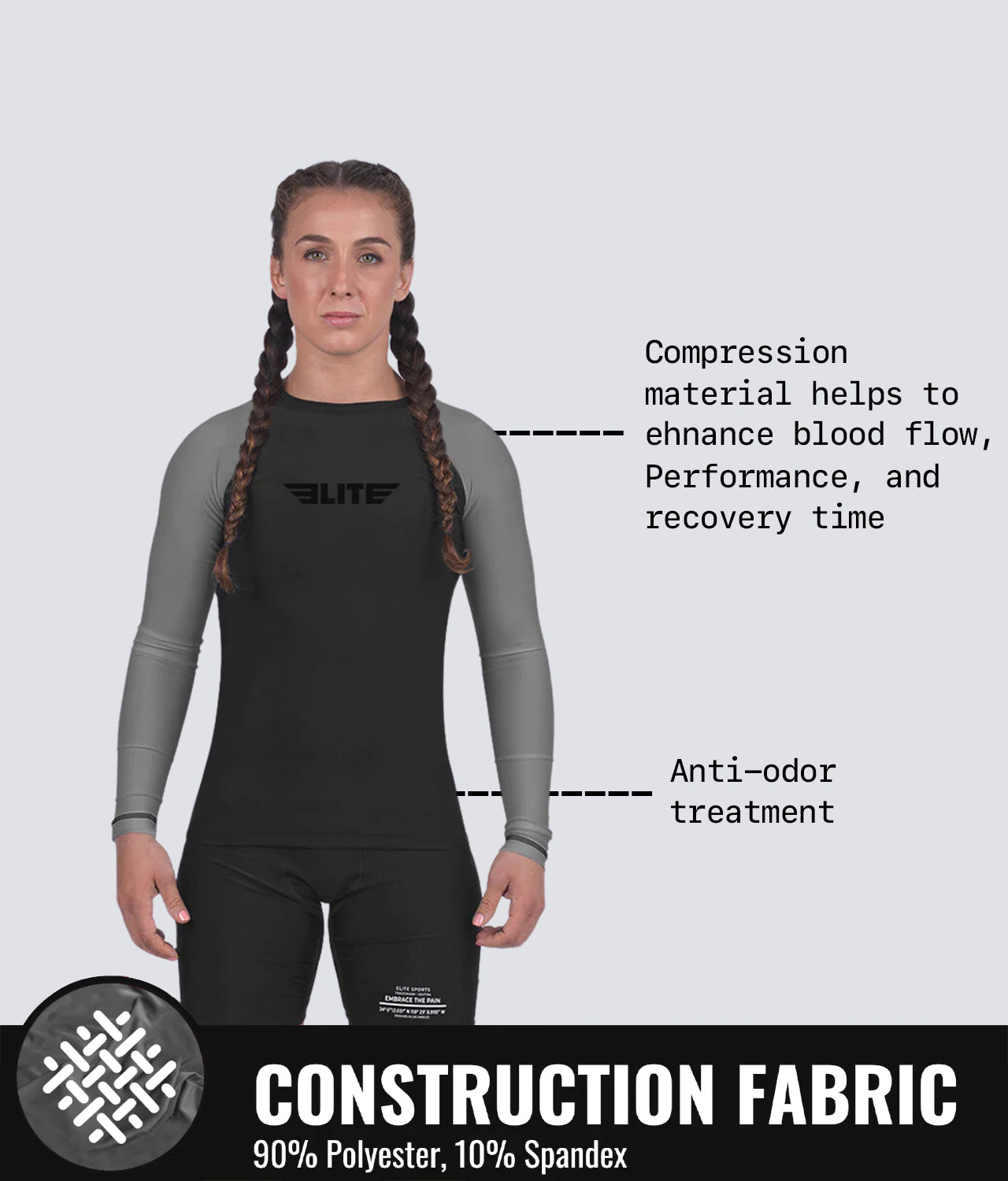 Elite Sports Women's Standard Gray Long Sleeve MMA Rash Guard Construction Fabric