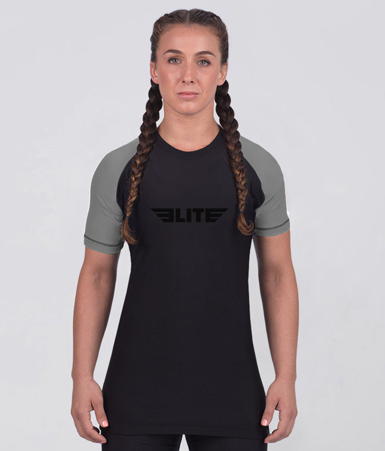 Elite Sports Women's Standard Gray Short Sleeve Jiu Jitsu BJJ Rash Guard Main View