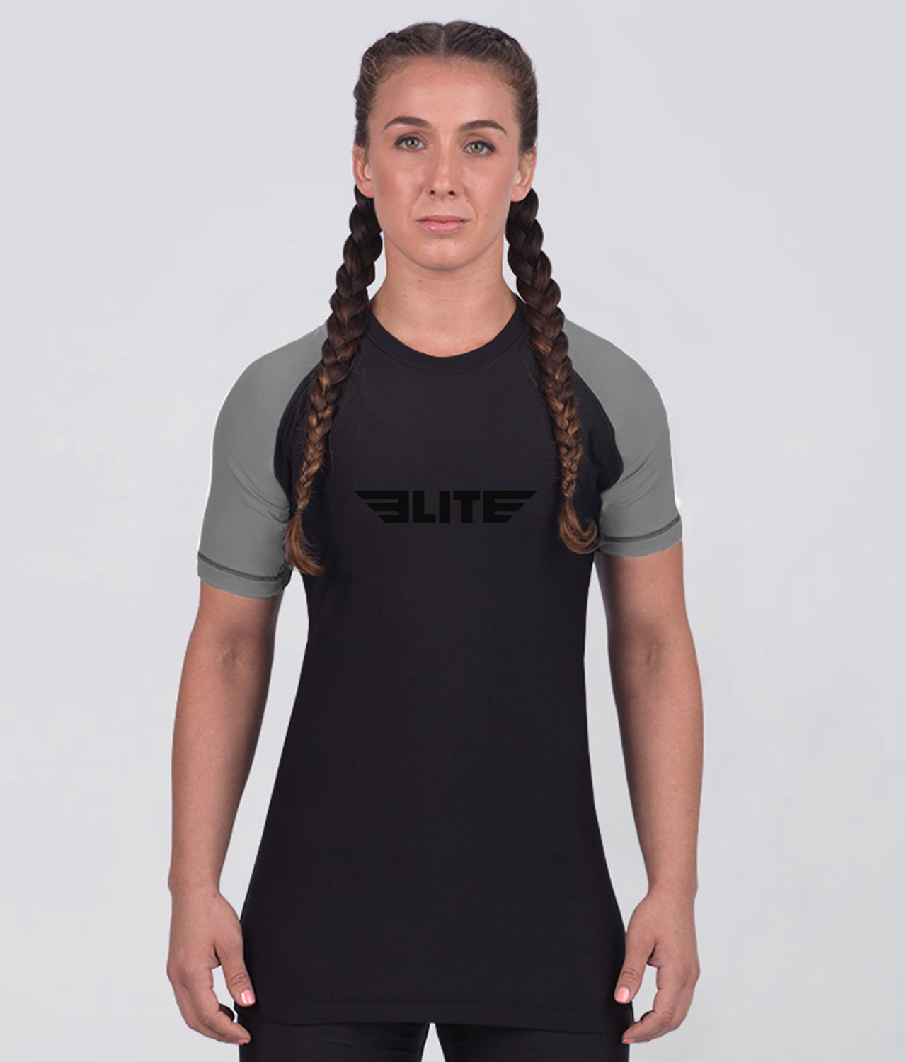 Elite Sports Women's Standard Gray Short Sleeve MMA Rash Guard Main View