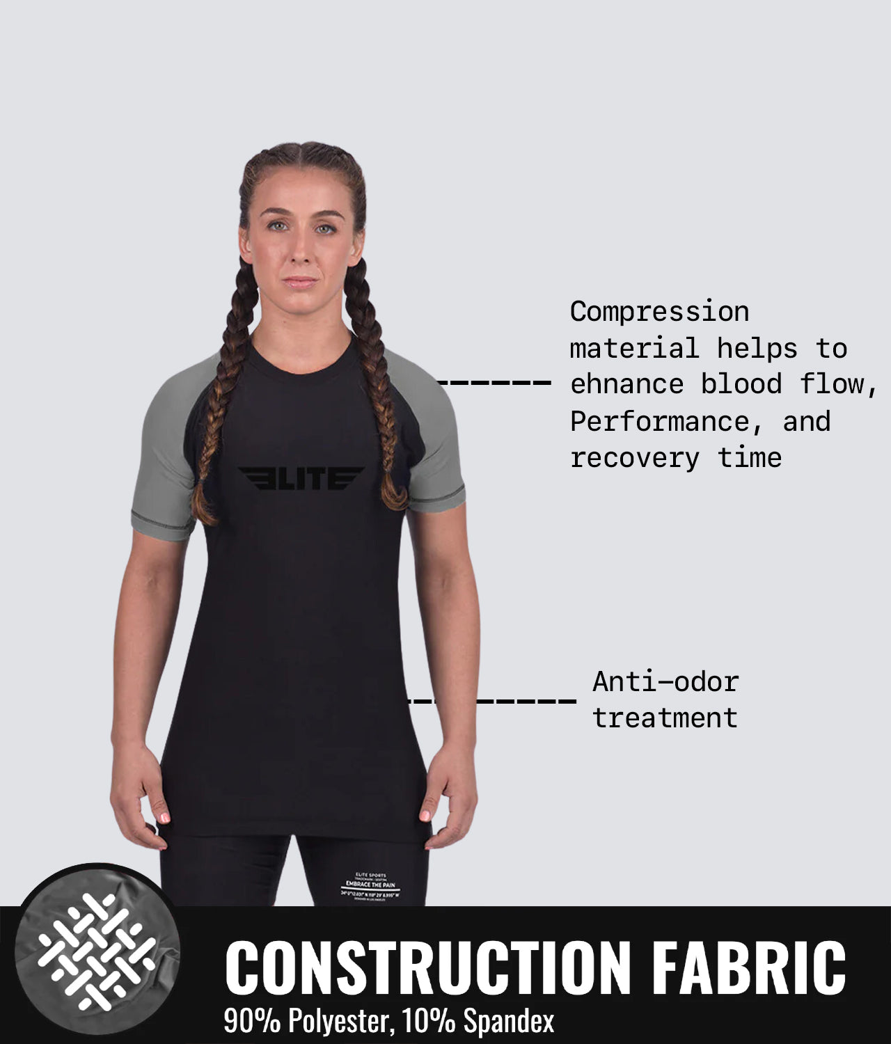 Elite Sports Women's Standard Gray Short Sleeve MMA Rash Guard Construction Fabric