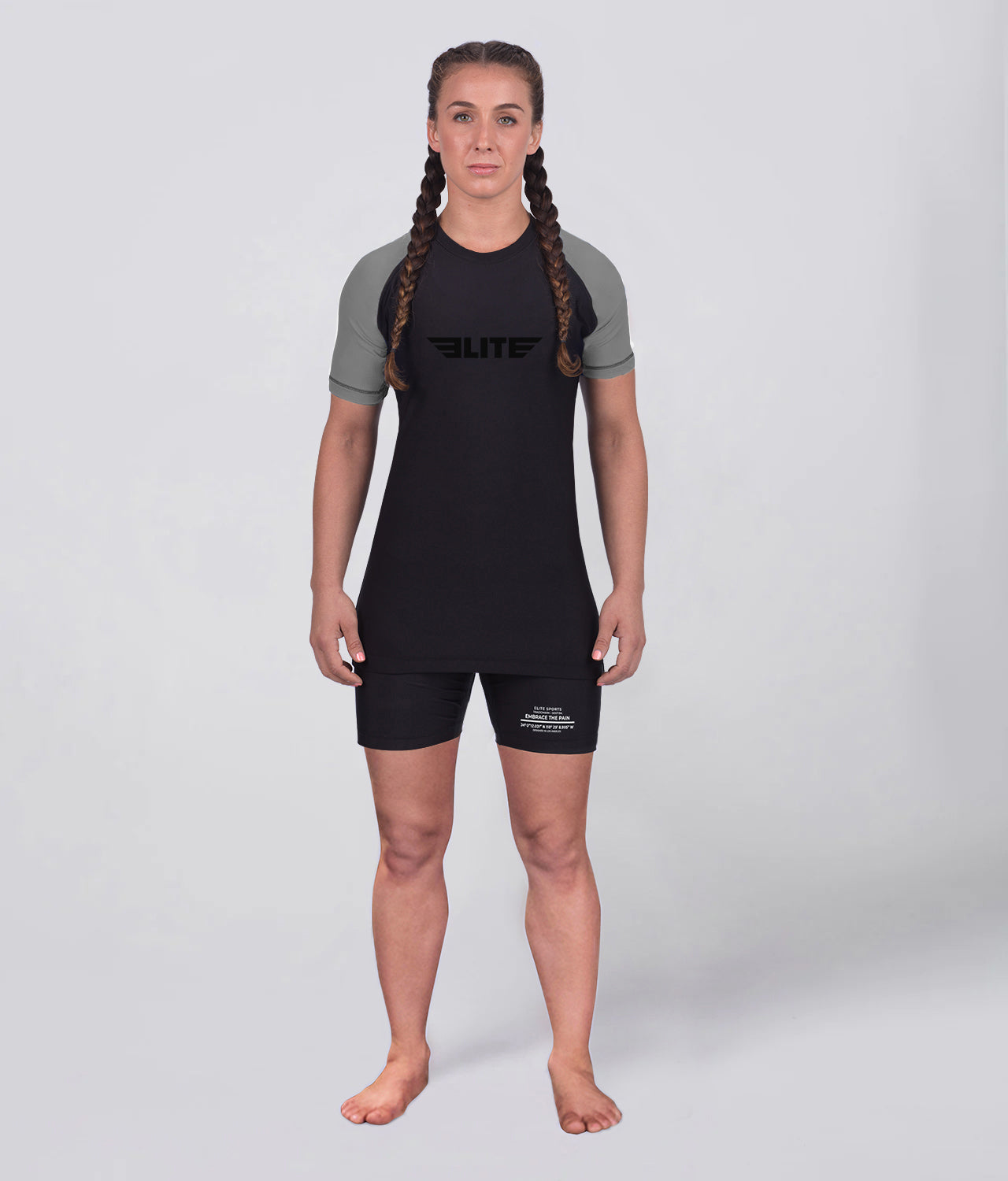 Elite Sports Women's Standard Gray Short Sleeve MMA Rash Guard Full Look