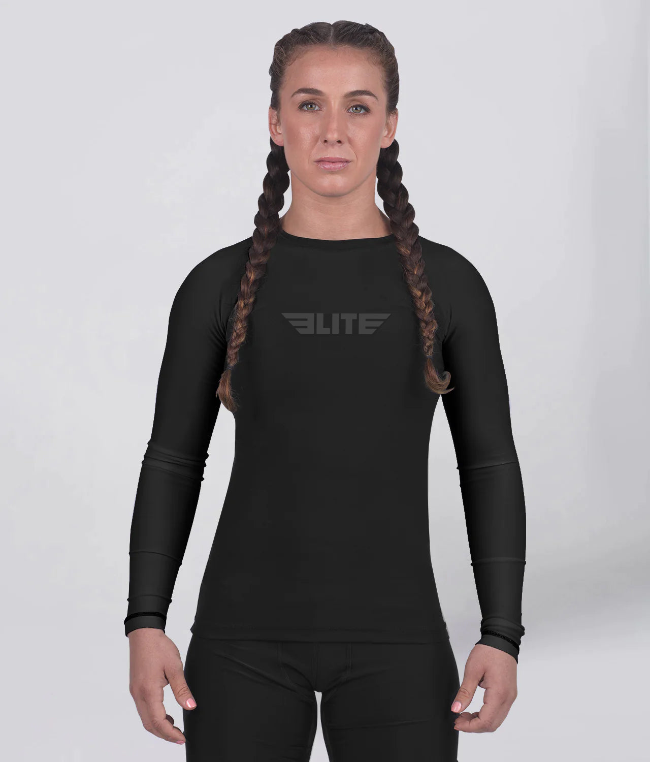 Elite Sports Women's Standard Black Long Sleeve Jiu Jitsu BJJ Rash Guard Main View