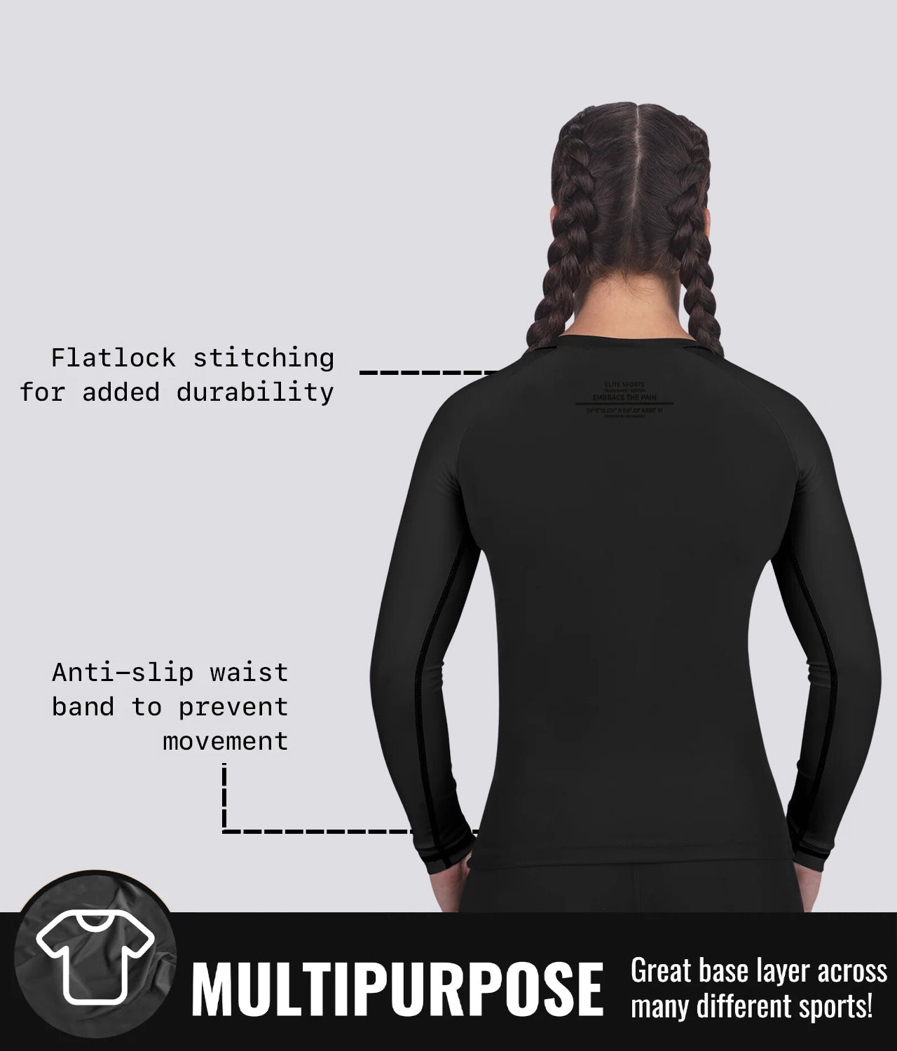 Elite Sports Women's Standard Black Long Sleeve Jiu Jitsu BJJ Rash Guard Multipurpose