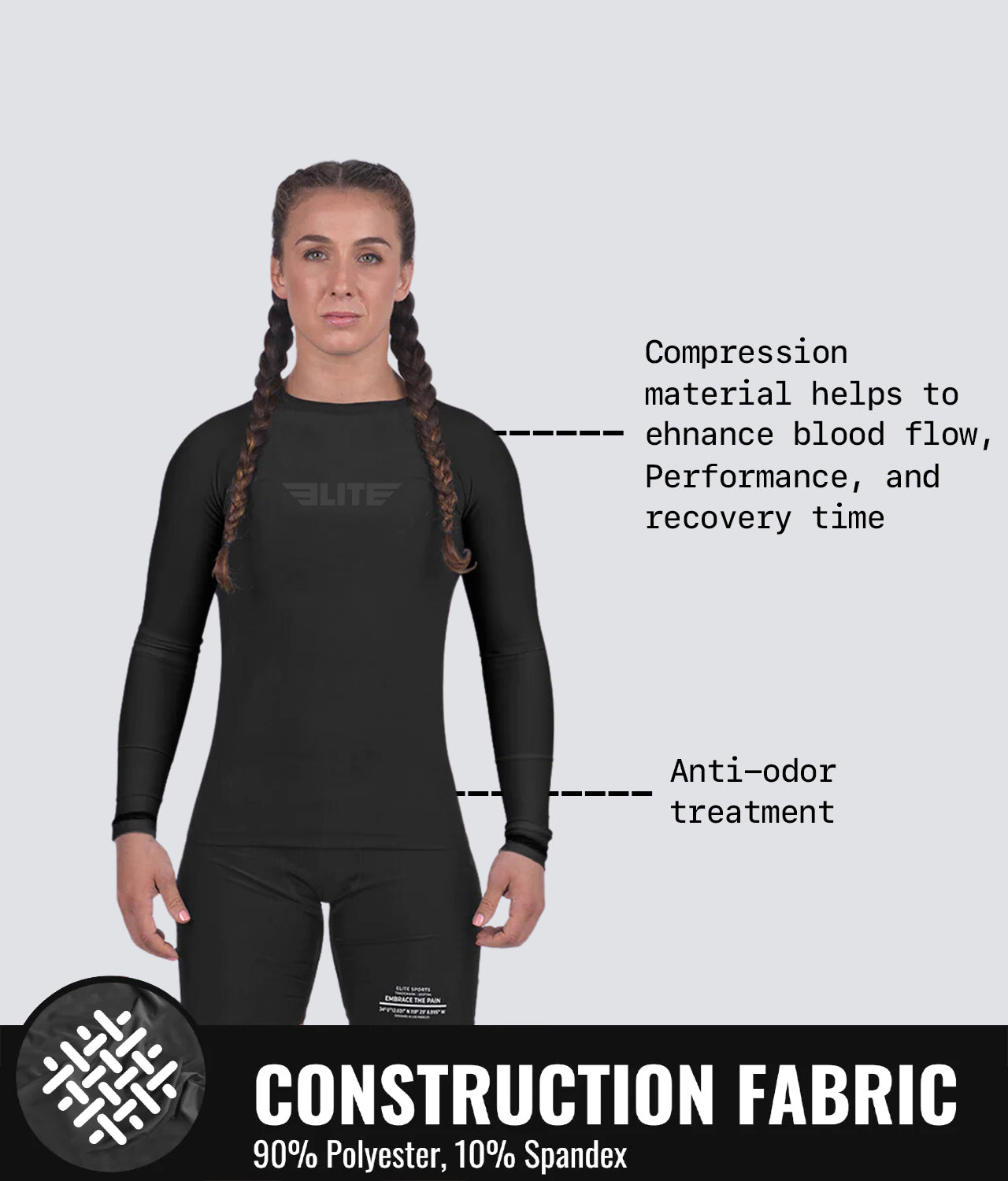 Elite Sports Women's Standard Black Long Sleeve MMA Rash Guard Construction Fabric