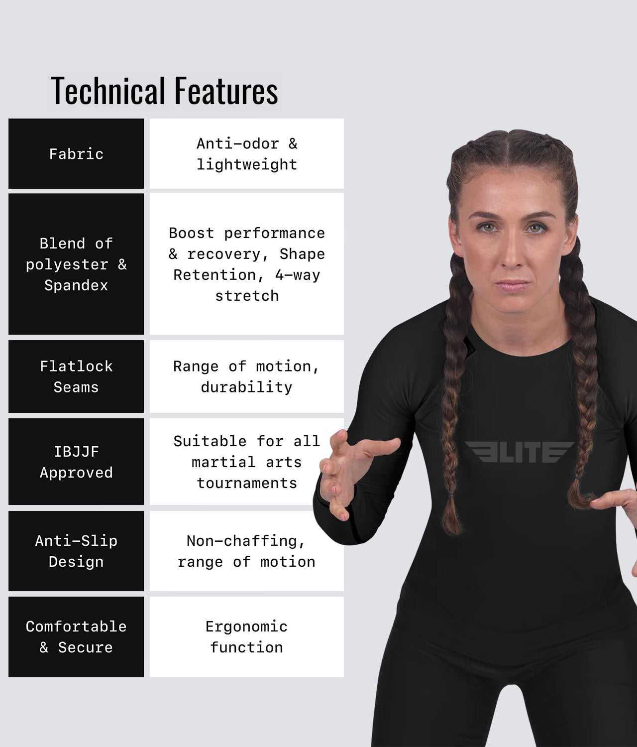 Elite Sports Women's Standard Black Long Sleeve MMA Rash Guard Main ViewTechnical Features