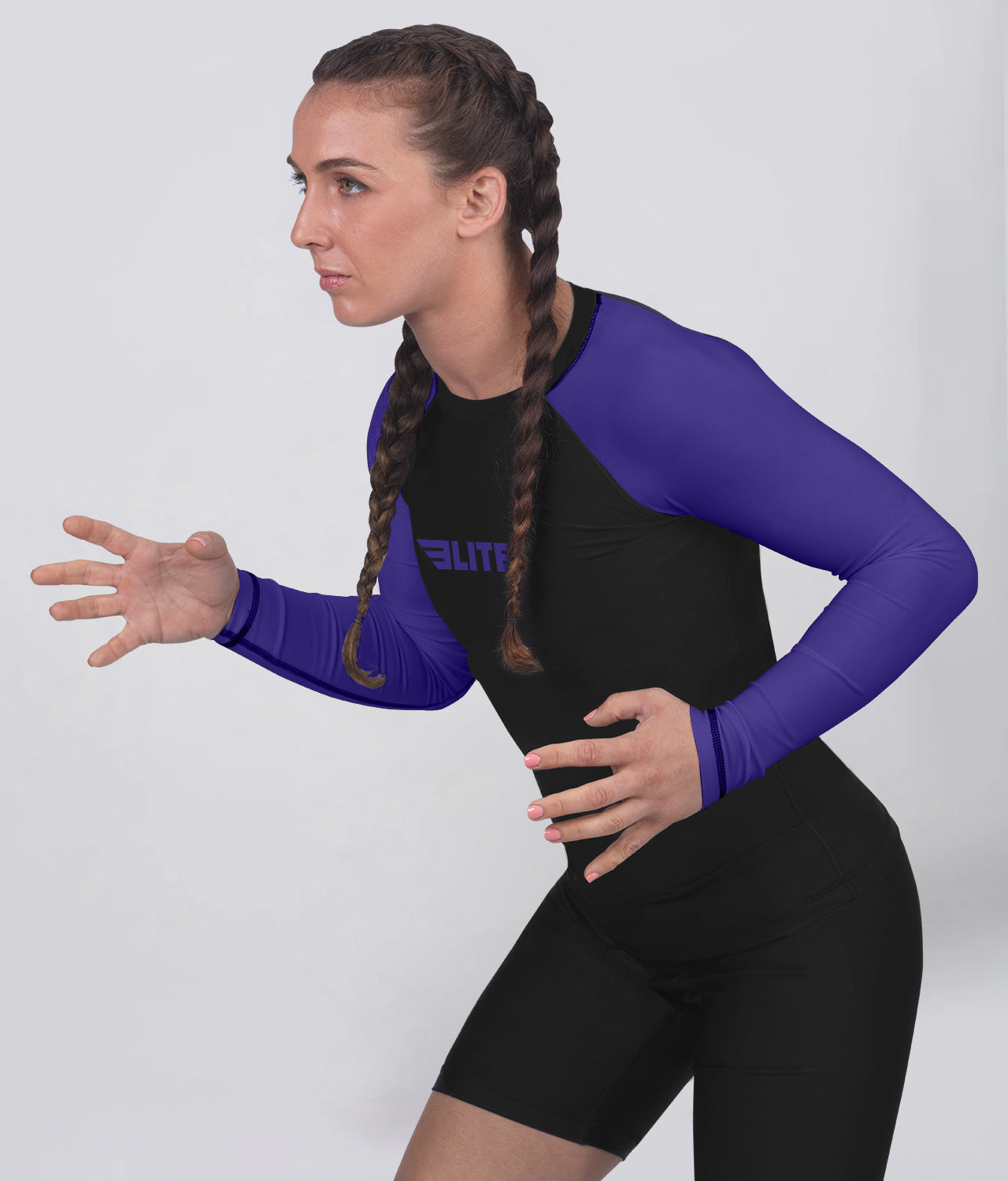 Elite Sports Women's Standard Purple Long Sleeve Jiu Jitsu BJJ Rash Guard Action