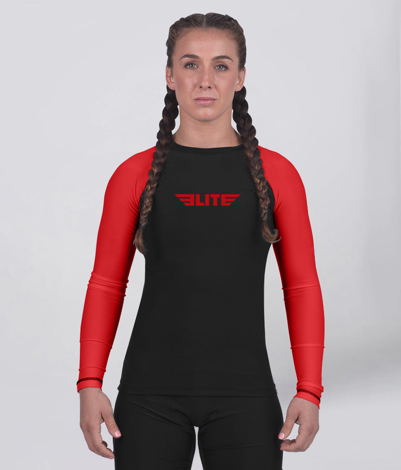 Elite Sports Women's Standard Red Long Sleeve MMA Rash Guard Main View