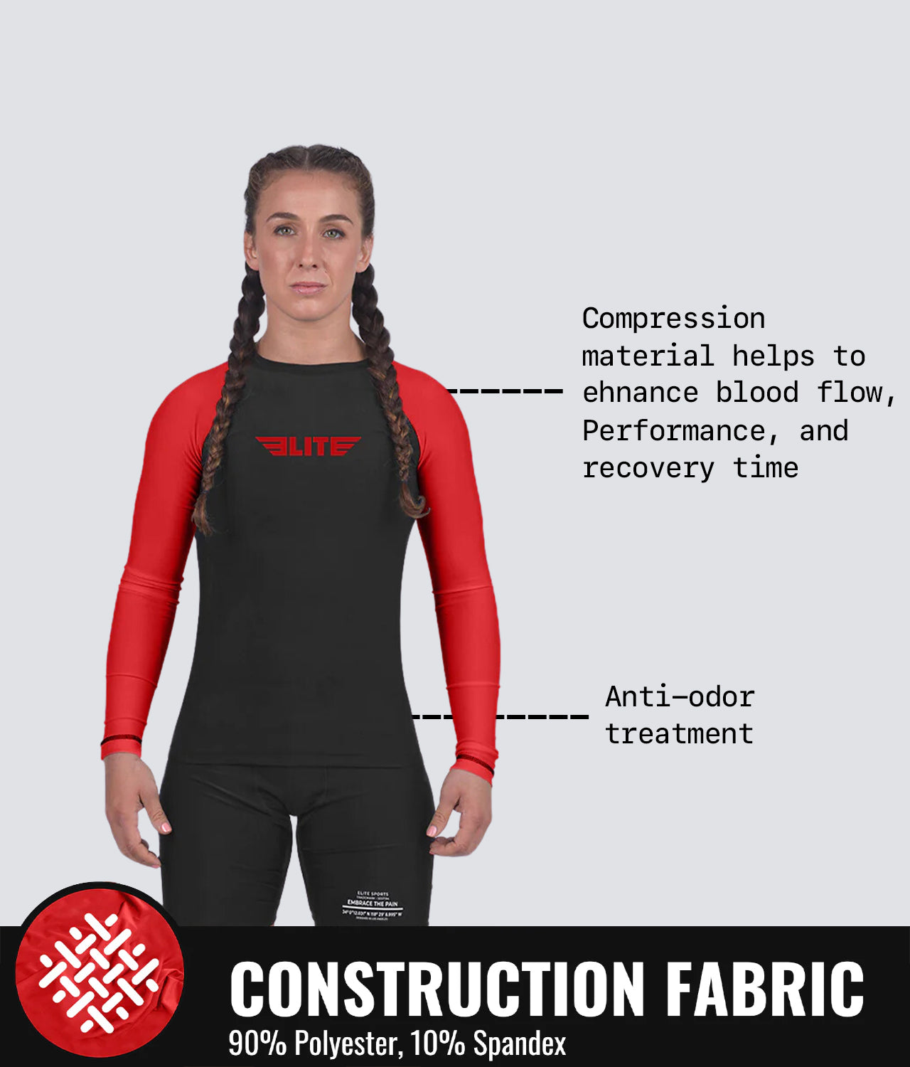 Elite Sports Women's Standard Red Long Sleeve MMA Rash Guard Construction Fabric