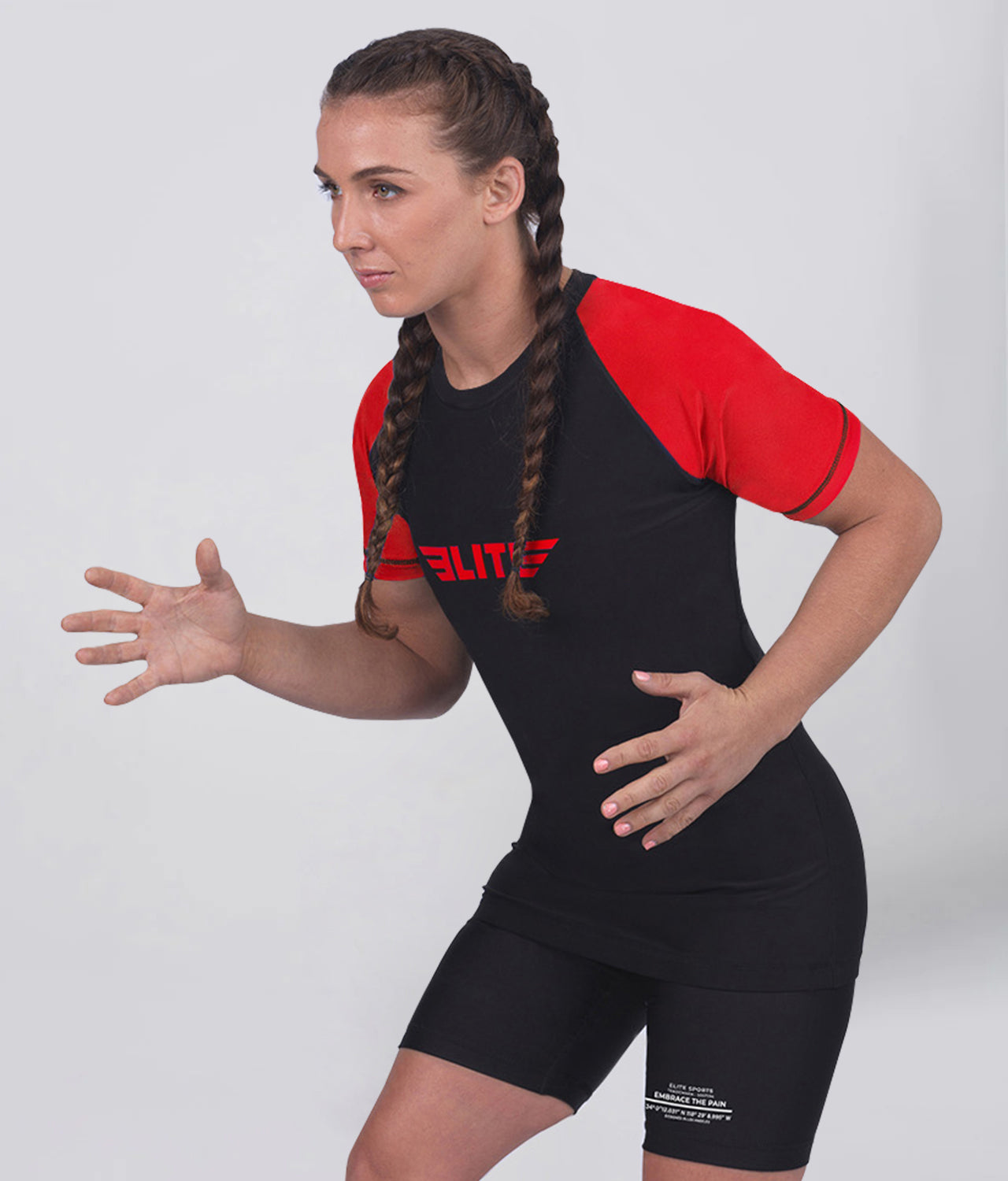 Elite Sports Women's Standard Red Short Sleeve MMA Rash Guard Action View