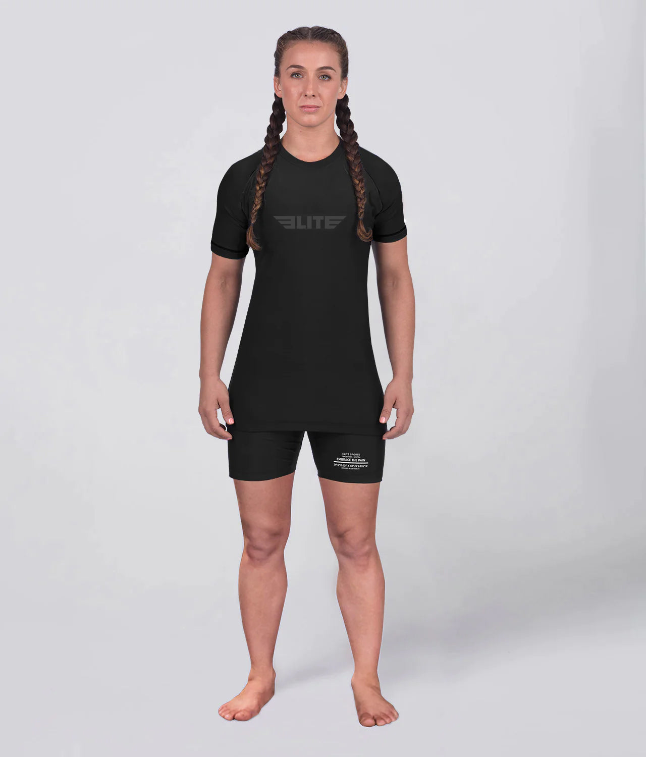 Elite Sports Women's Standard Black Short Sleeve Jiu Jitsu BJJ Rash Guard Full Look