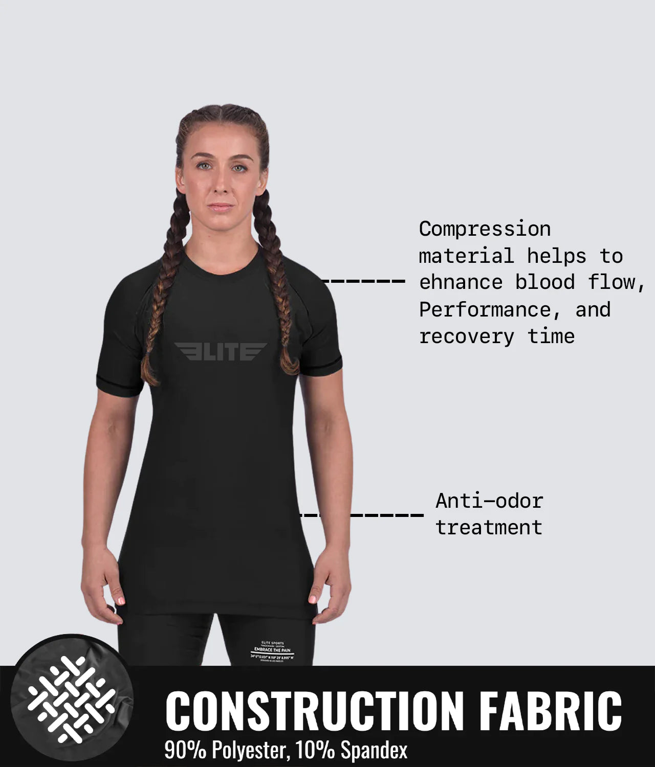 Elite Sports Women's Standard Black Short Sleeve Jiu Jitsu BJJ Rash Guard Construction Fabric
