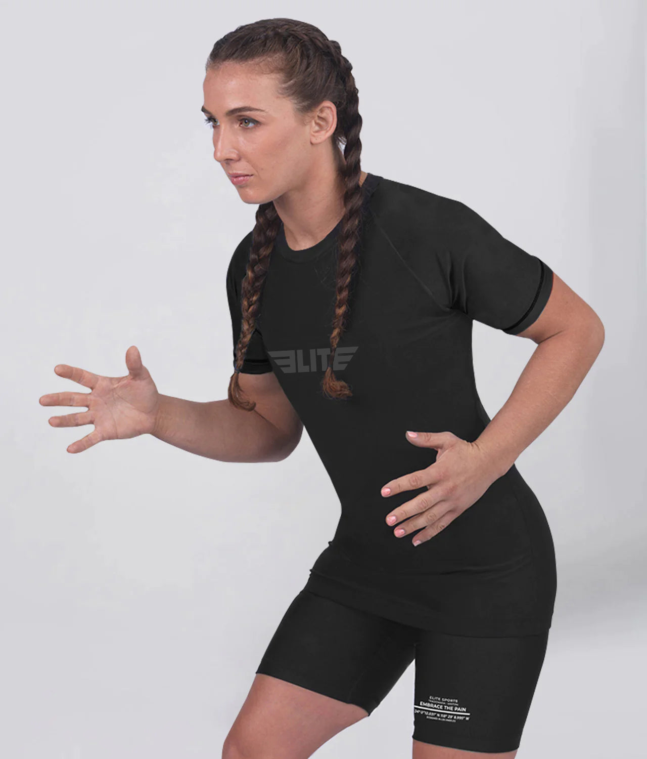 Elite Sports Women's Standard Black Short Sleeve MMA Rash Guard Action View