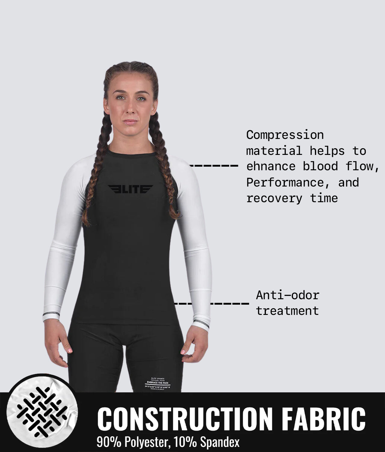 Elite Sports Women's Standard White Long Sleeve Jiu Jitsu BJJ Rash Guard Construction Fabric