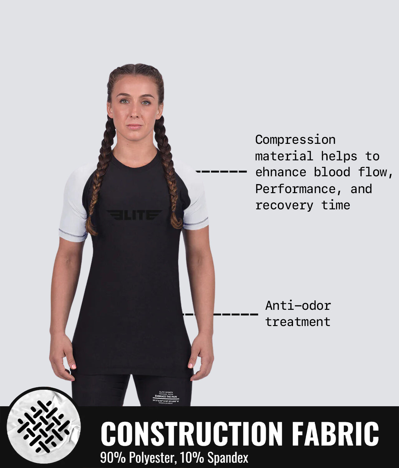 Elite Sports Women's Standard White Short Sleeve Jiu Jitsu BJJ Rash Guard Construction Fabric