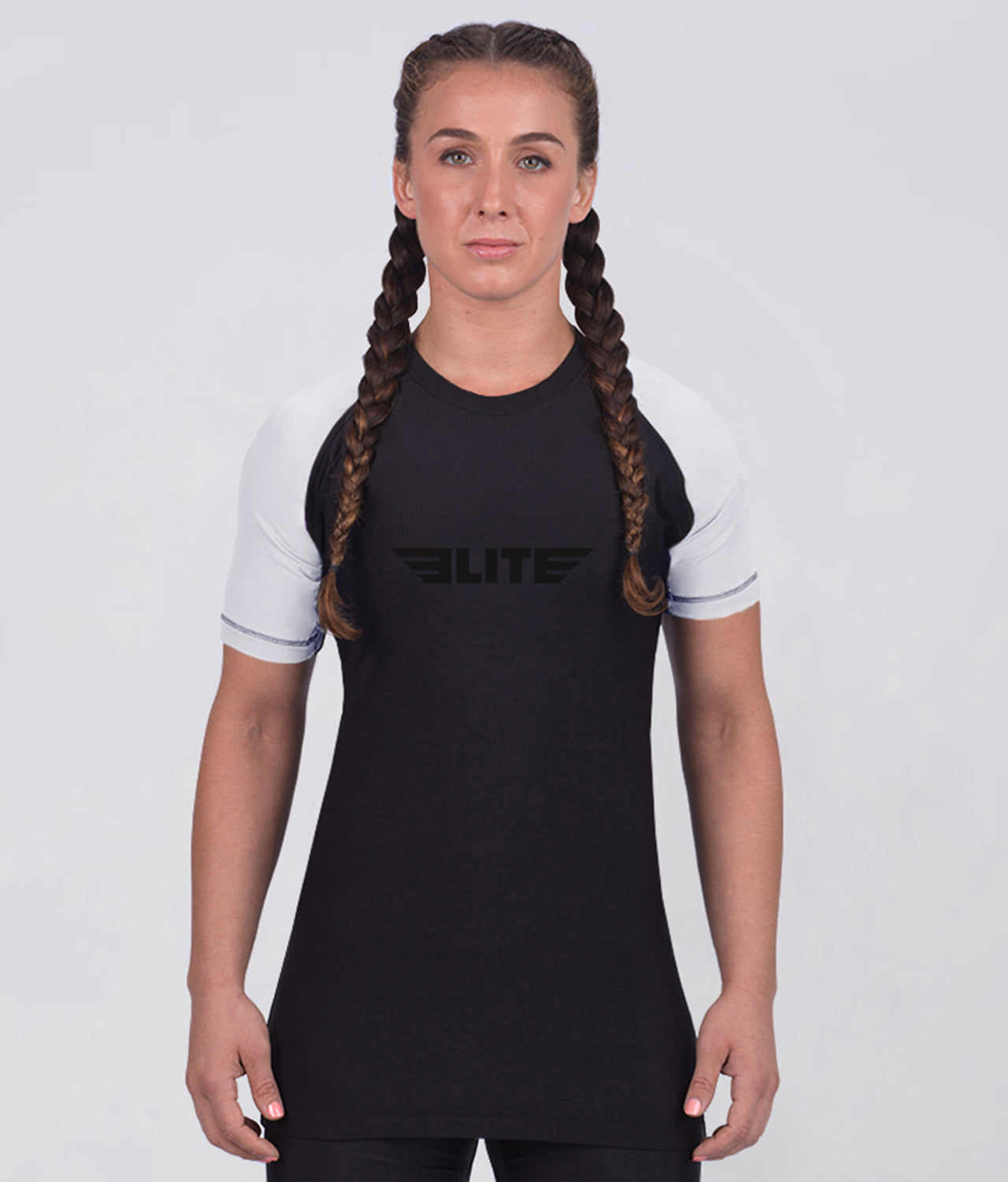 Elite Sports Women's Standard White Short Sleeve MMA Rash Guard Main View