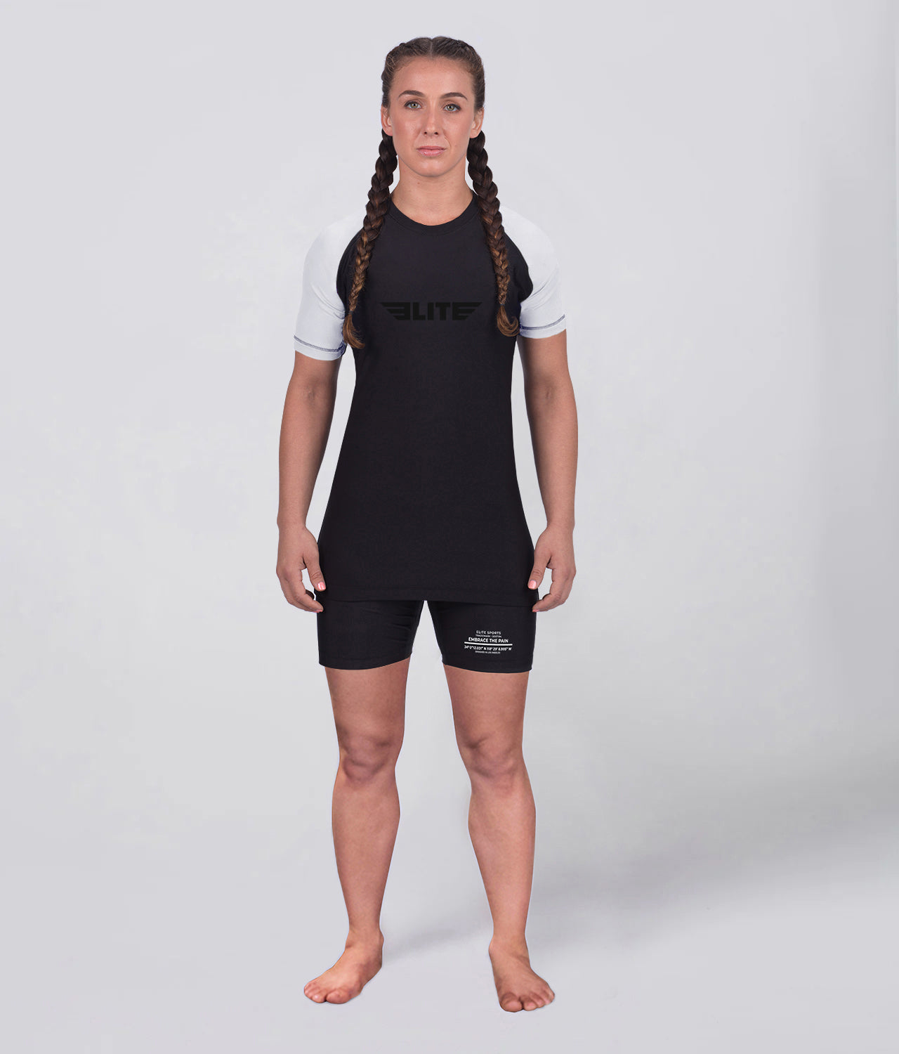 Elite Sports Women's Standard White Short Sleeve MMA Rash Guard Full Look