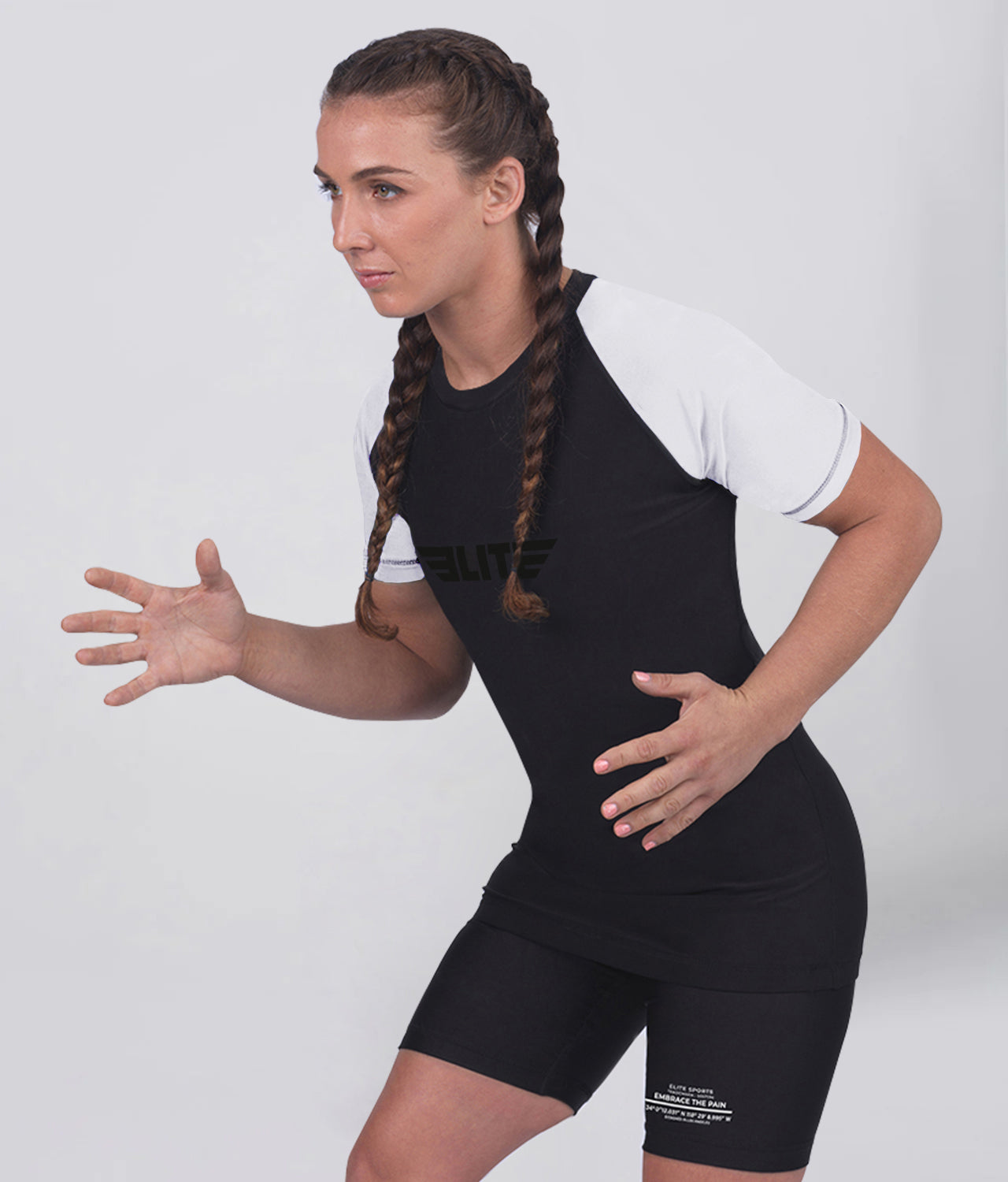 Elite Sports Women's Standard White Short Sleeve MMA Rash Guard Action View
