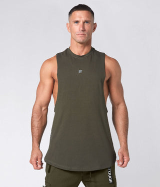 1800. Viscose Oversized Extended Drop Hem Cutoff Athletic Stringer Tank For Men Military Green