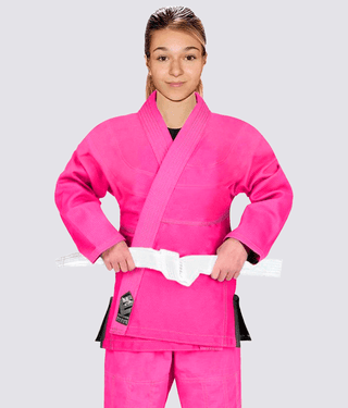 Elite Sports Essential Ultra Light Preshrunk Comfortable & Secure Pink Kids Brazilian Jiu Jitsu BJJ Gi With Free White Belt