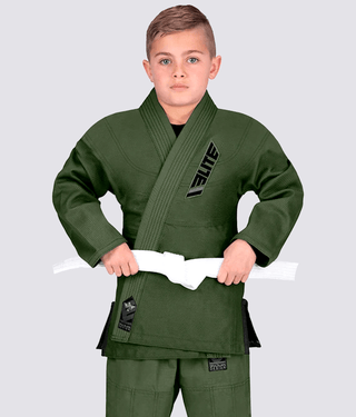 Elite Sports Ultra Light Preshrunk Antibacterial Military Green Kids Brazilian Jiu Jitsu BJJ Gi With Free White Belt