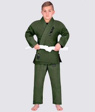Elite Sports Ultra Light Preshrunk Sweat-Wicking Military Green Kids Brazilian Jiu Jitsu BJJ Gi With Free White Belt