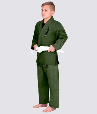 Elite Sports Ultra Light Preshrunk Anti-Odor Military Green Kids Brazilian Jiu Jitsu BJJ Gi With Free White Belt