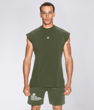 Born Tough Sleeveless Extended Drop Hem Back Shoulder Drop T-Shirt For Men Military Green