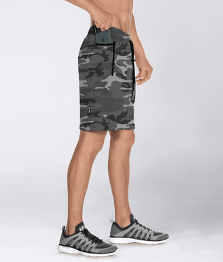 Born Tough Men Stretch Leg Panel Core Fit Zippered Shorts Grey Camo