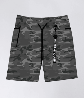Born Tough Men Breathable Elastic Panel Core Fit Zippered Shorts Grey Camo