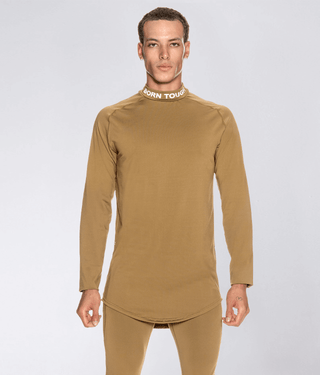 Born Tough Mock Neck Elegant Fitting Long Sleeve Base Layer Shirt For Men Khaki