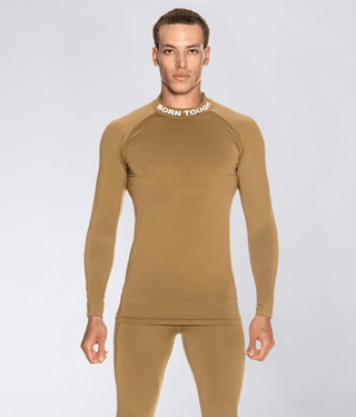 Born Tough Mock Neck High-Performance Long Sleeve Compression Shirt For Men Khaki