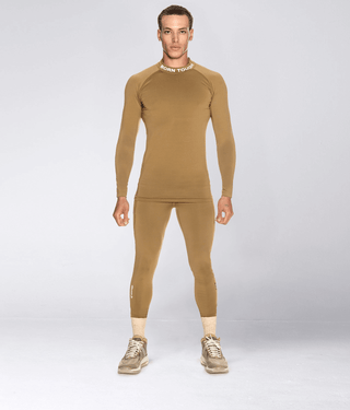 Born Tough Mock Neck 4-Way Stretch Long Sleeve Compression Shirt For Men Khaki