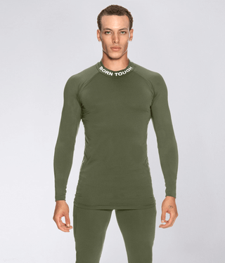 Born Tough Mock Neck High-Performance Long Sleeve Compression Shirt For Men Military Green