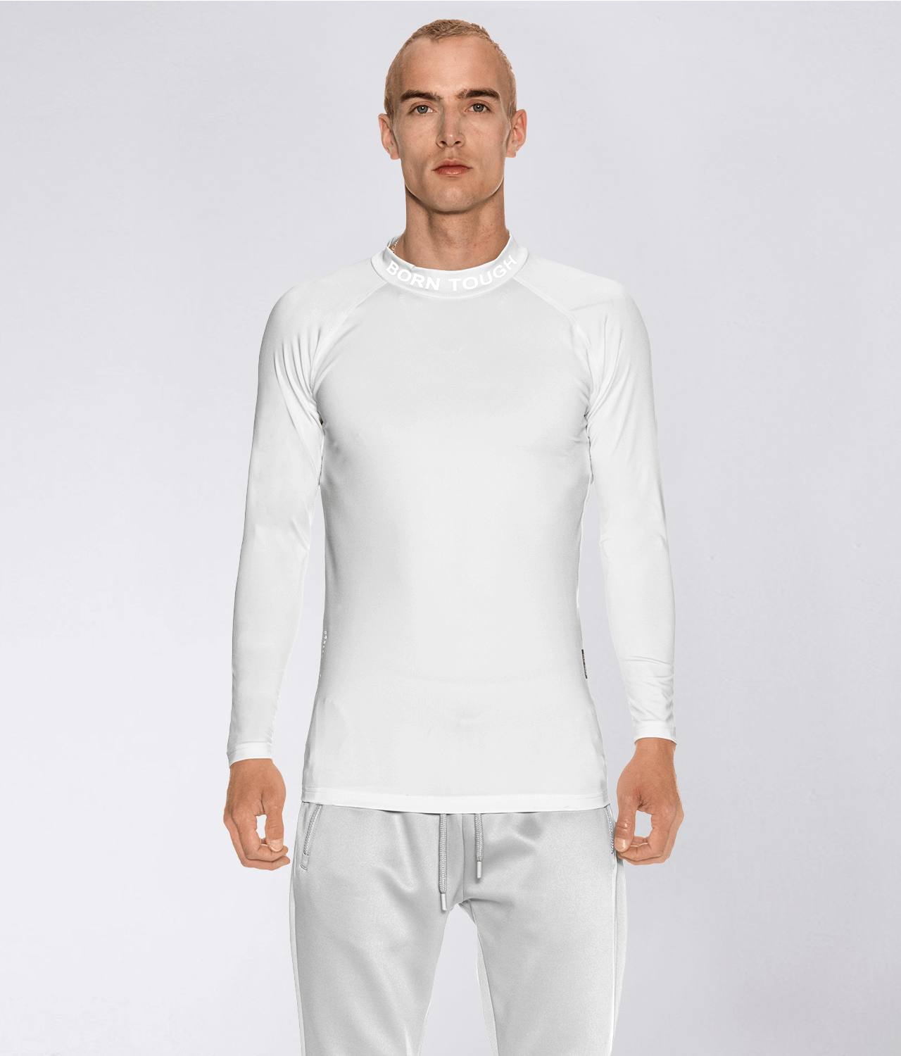 Born Tough Mock Neck Long Sleeve White Gym Workout Compression Shirt For  Men - Elite Sports