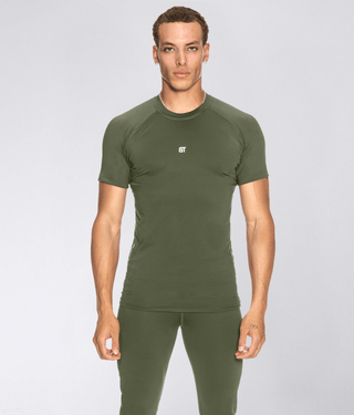 Born Tough Mock Neck High-Performance Short Sleeve Compression Shirt For Men Military Green