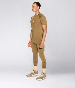 Born Tough Mock Neck Extended Curve Hem Short Sleeve Compression Shirt For Men Khaki