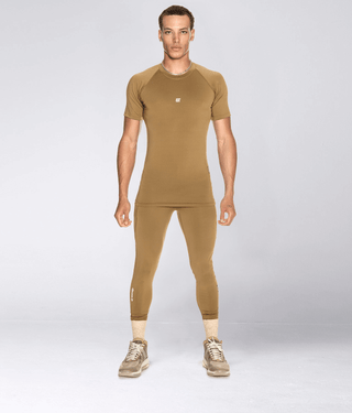 Born Tough Mock Neck 4-Way Stretch Short Sleeve Compression Shirt For Men Khaki