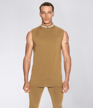 Born Tough Mock Neck Reflective design Sleeveless Base Layer Shirt For Men Khaki