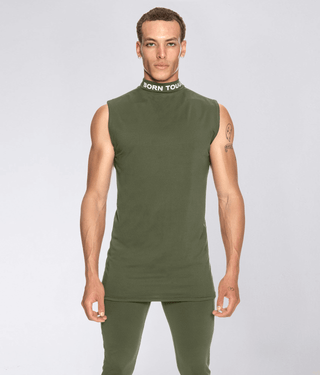 Born Tough Mock Neck Reflective design Sleeveless Base Layer Shirt For Men Military Green