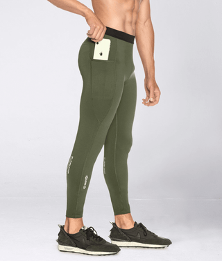 Born Tough Side Pockets Compression 2 Phone Pockets Gym Workout Pants For Men Military Green