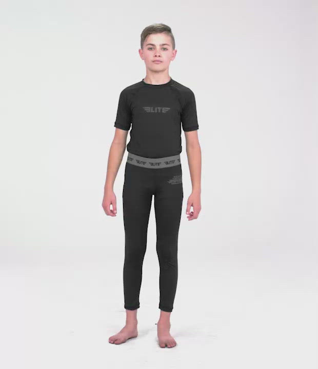 Kids' Plain Black Compression Muay Thai Spat Pants Video