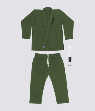 Elite Sports Ultra Light Preshrunk Comfortable & Secure Military Green Kids Brazilian Jiu Jitsu BJJ Gi With Free White Belt